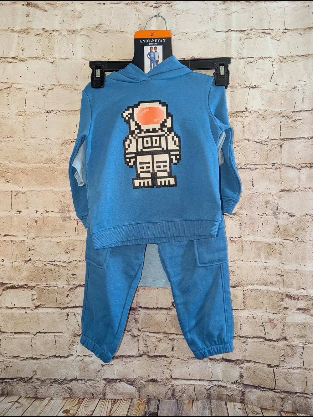 ~Andy & Evan kids' 3-piece space jogger set featuring a blue pixelated 2T